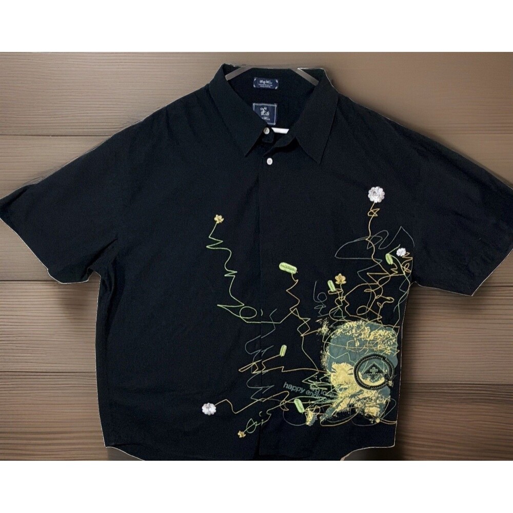 LRG Shirt Mens 4XL Black 100% Linen Short Sleeve Button Up Floral Graphic
